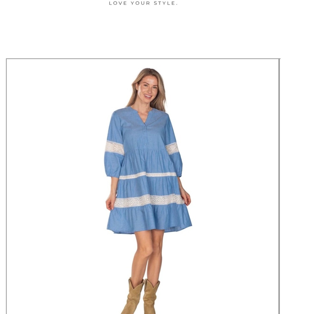 Linda Anderson Blue Denim V Neck Boho Cottagecore Lace Trim Dress‎ Womens Size S